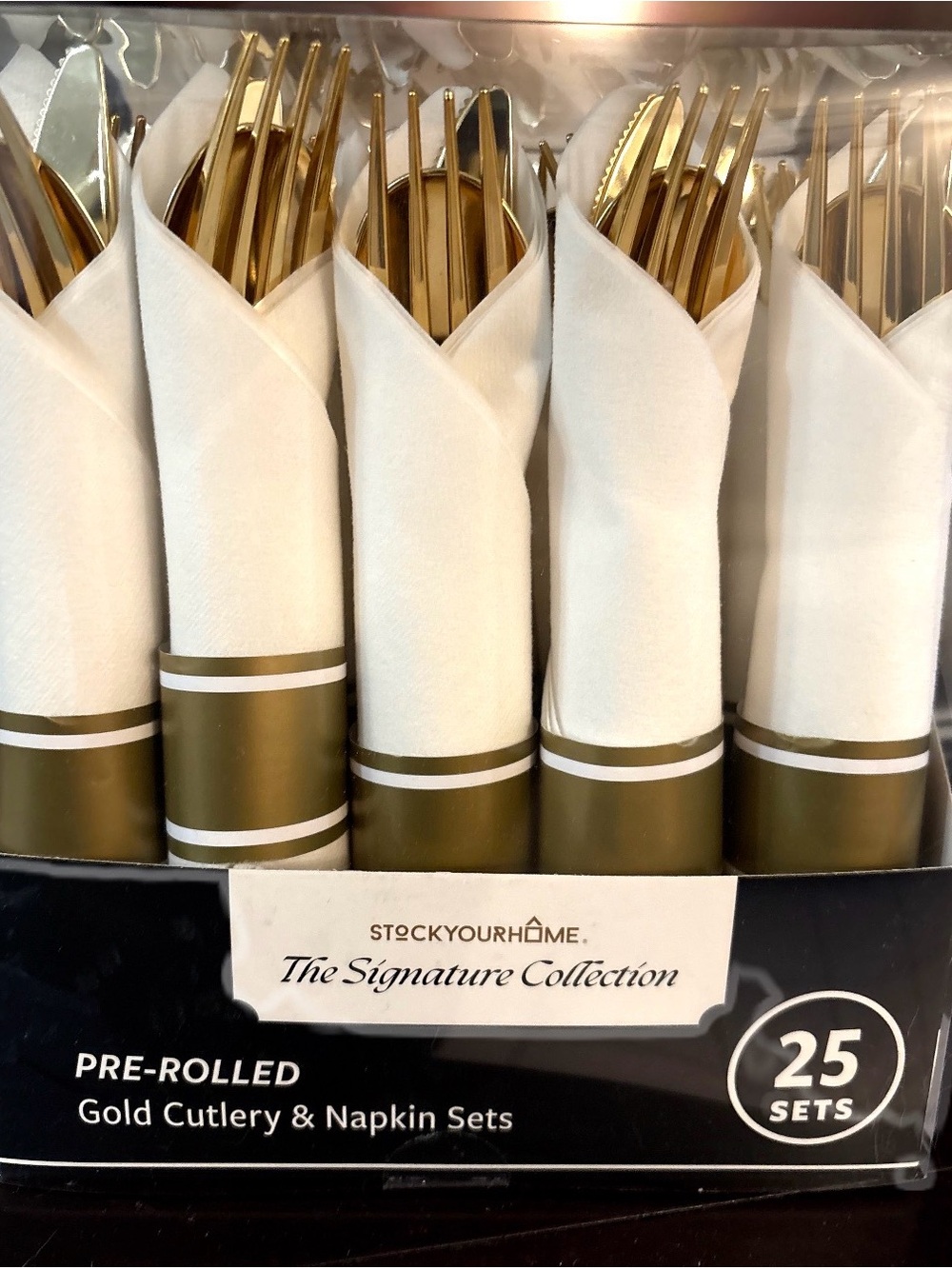 Pre-Rolled Gold Cutlery & White Napkin Sets - 25 Sets